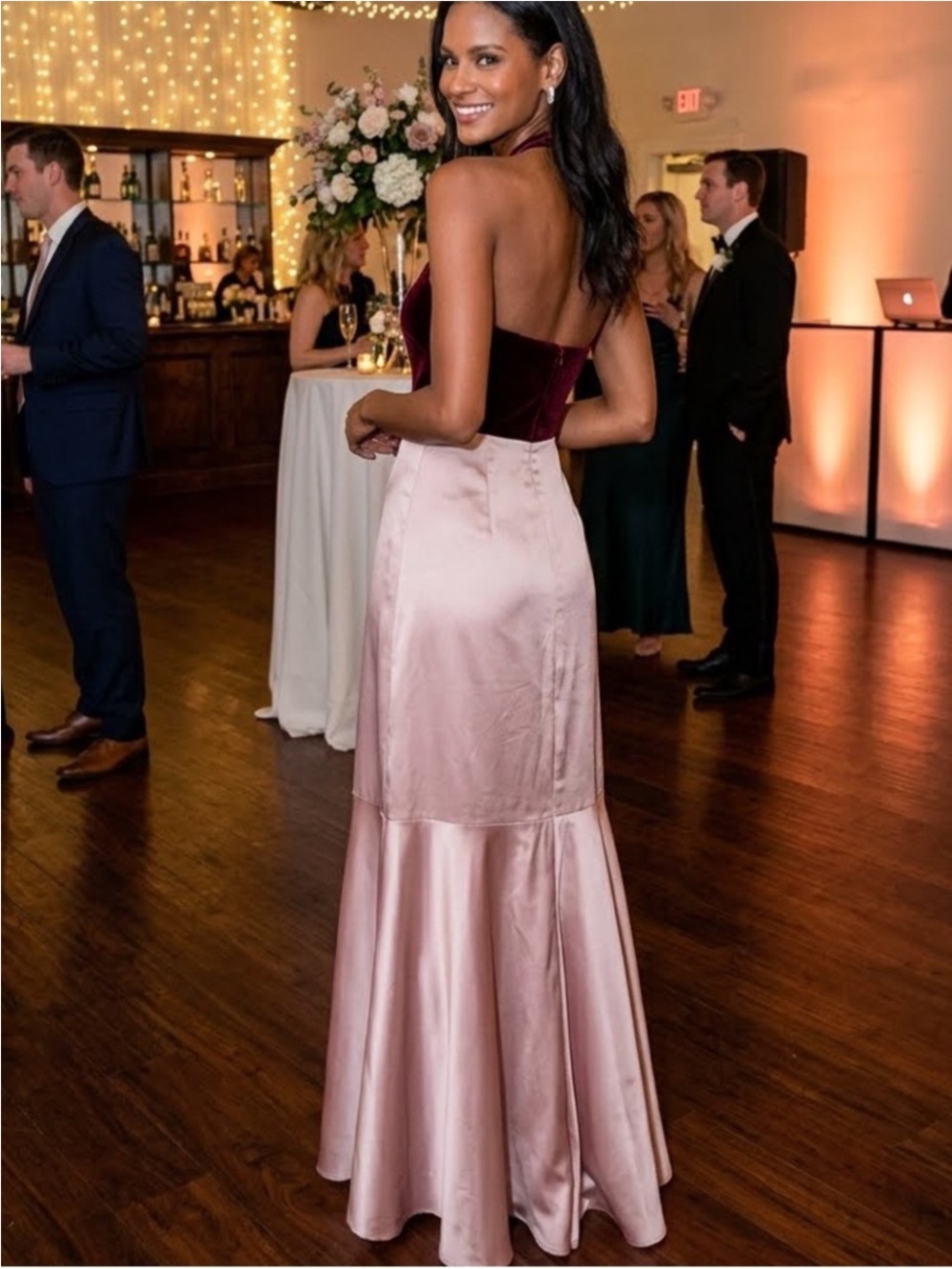 Lulu's Strapless Two-Tone Satin Gown in Wine and Blush - Picture 7 of 13